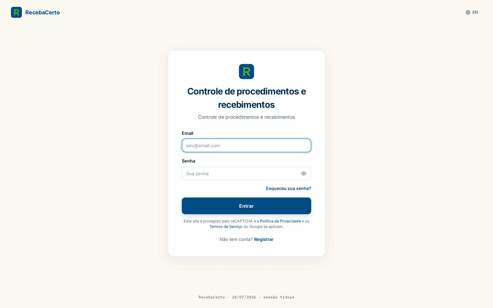 Tela de login do RecebaCerto com campos de email e senha