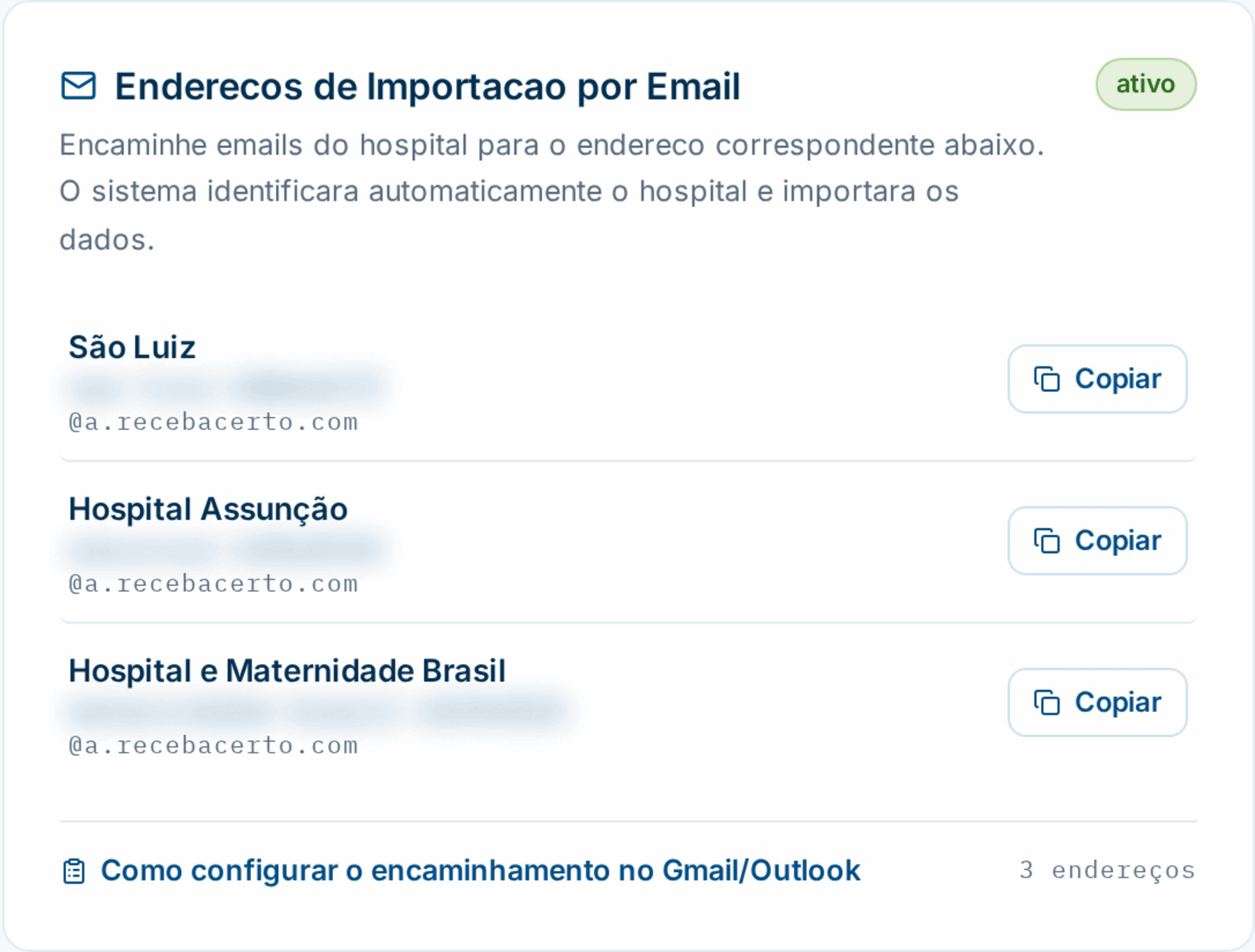 Cartão Endereços de Importação por Email no Meu Perfil