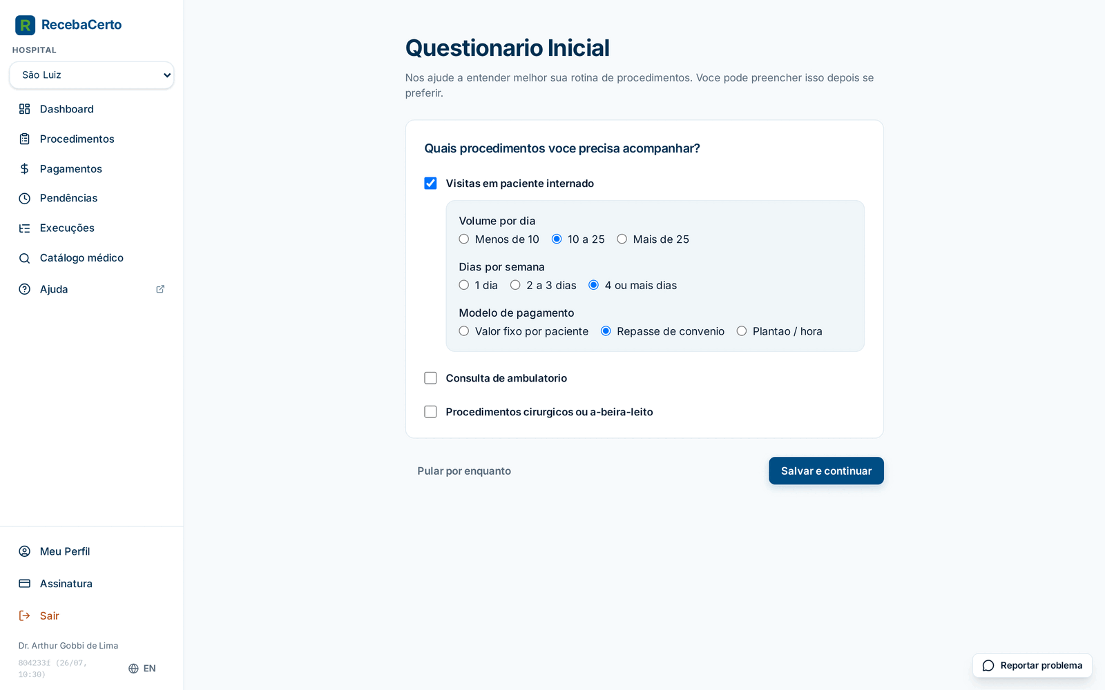 Questionário Inicial com uma categoria de atendimento marcada