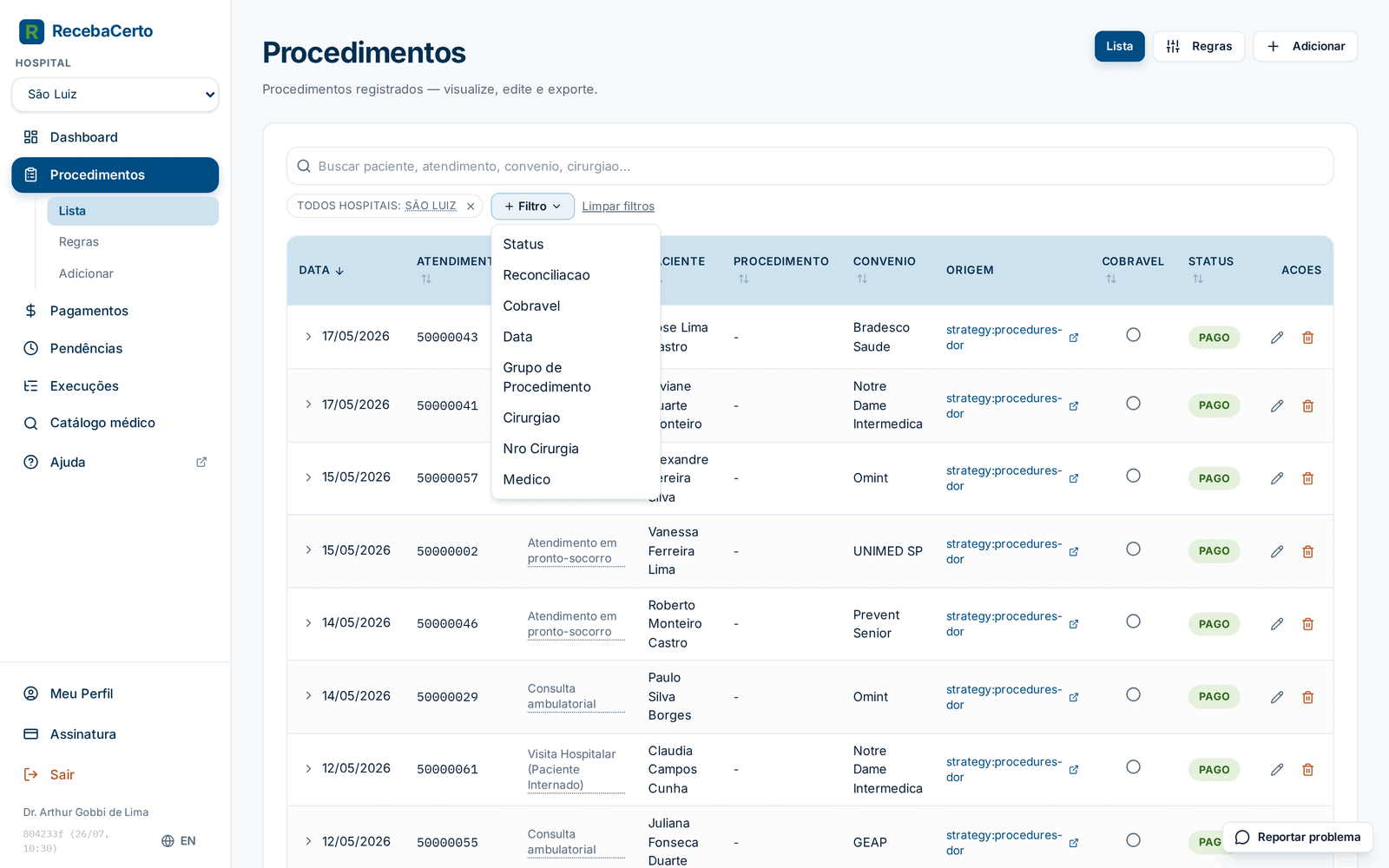 Lista de procedimentos com filtros abertos