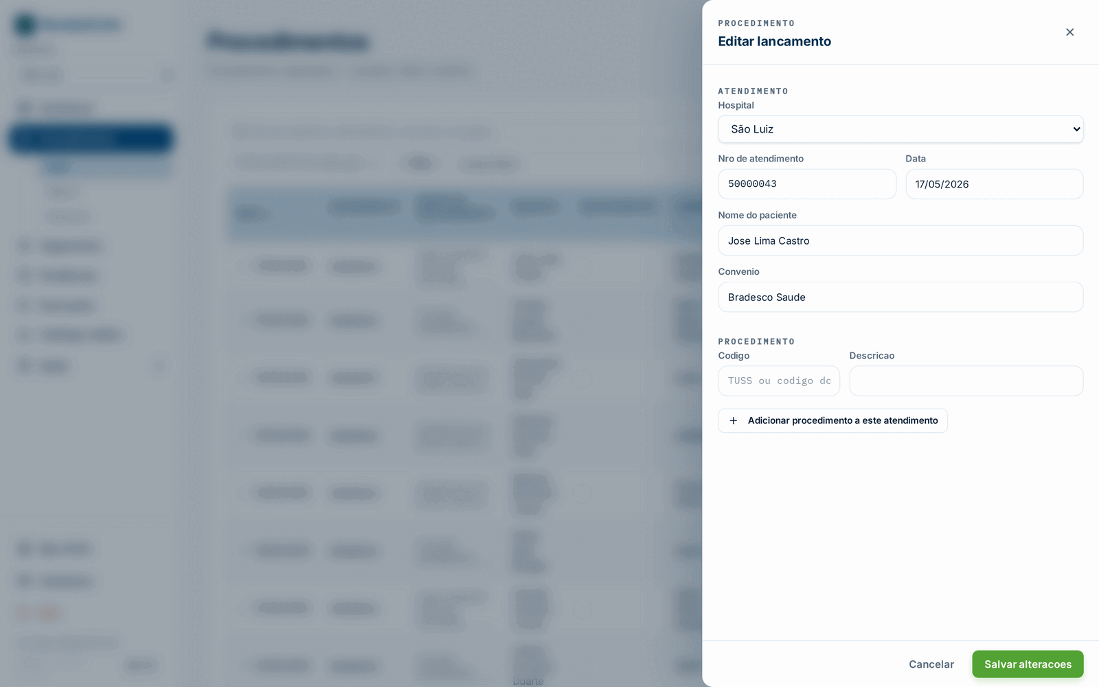 Painel Editar lançamento aberto sobre a lista de procedimentos