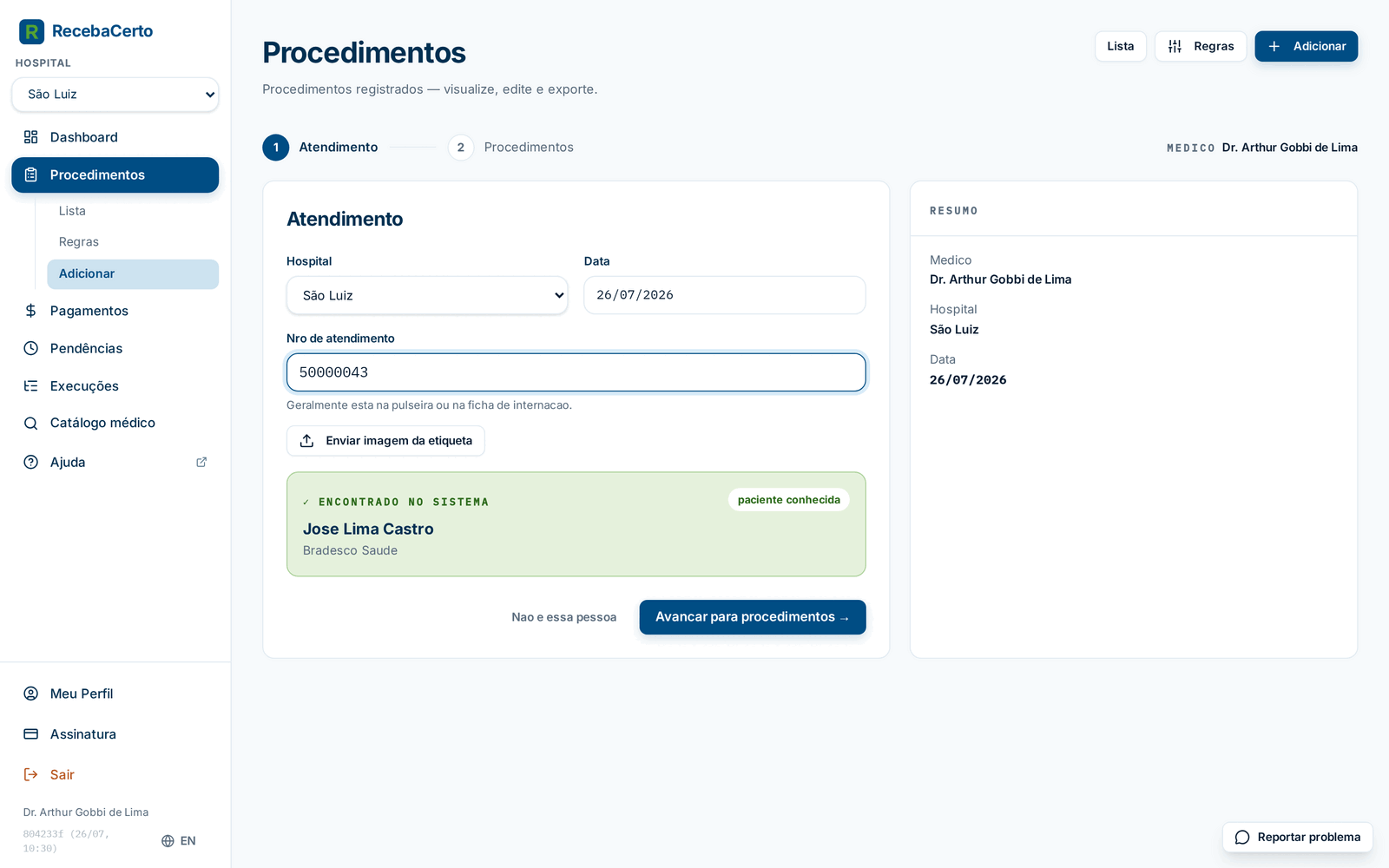 Passo 1 do assistente de adicionar atendimento