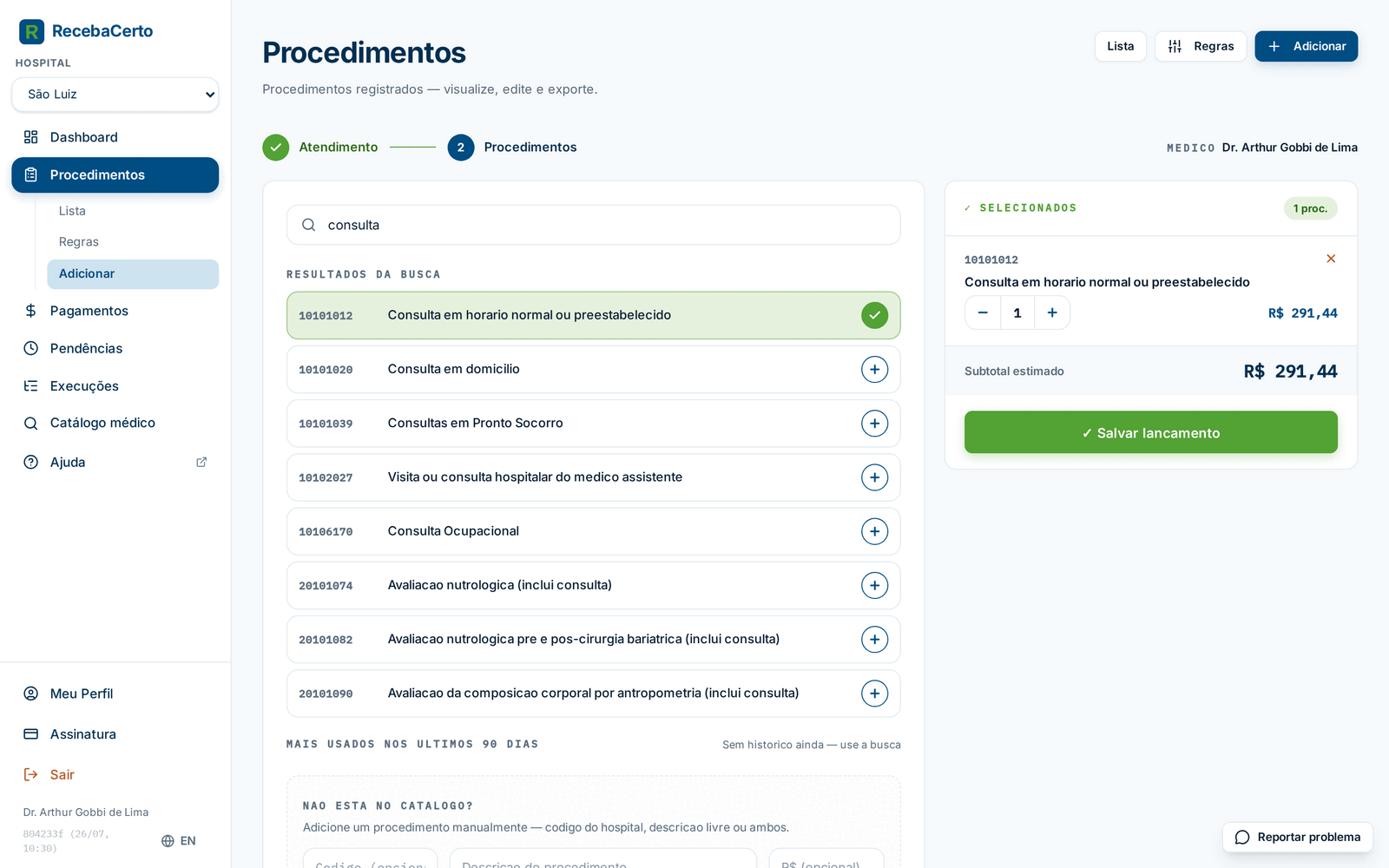 Passo 2 com a busca na tabela médica e itens selecionados
