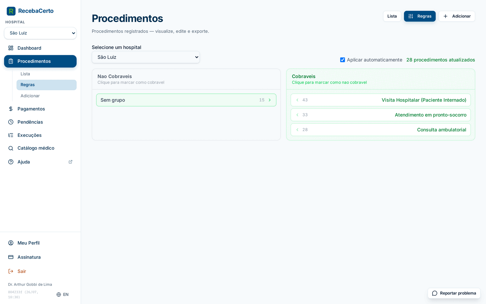 Aba Regras com grupos de procedimento marcados como Cobrável e Não cobrável