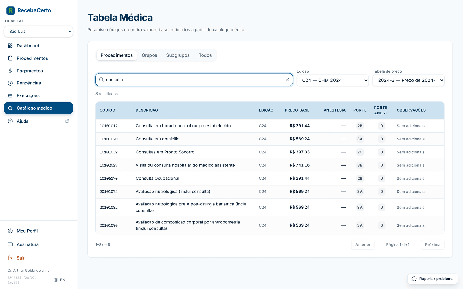 Tabela Médica com resultados de busca por procedimento