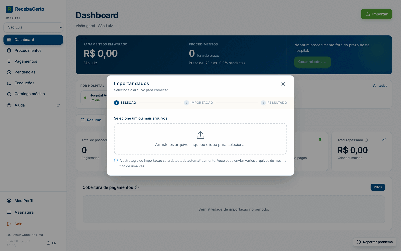 Janela Importar dados recém-aberta, pronta para receber arquivos