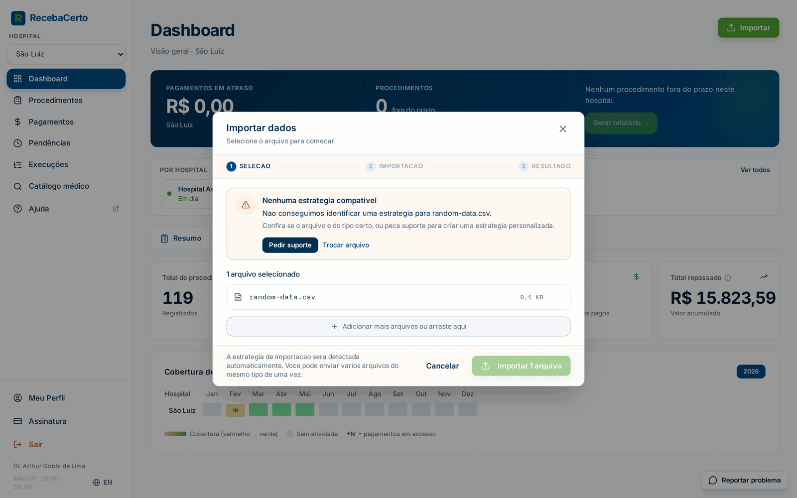 Janela de importação avisando que nenhuma estratégia é compatível com o arquivo