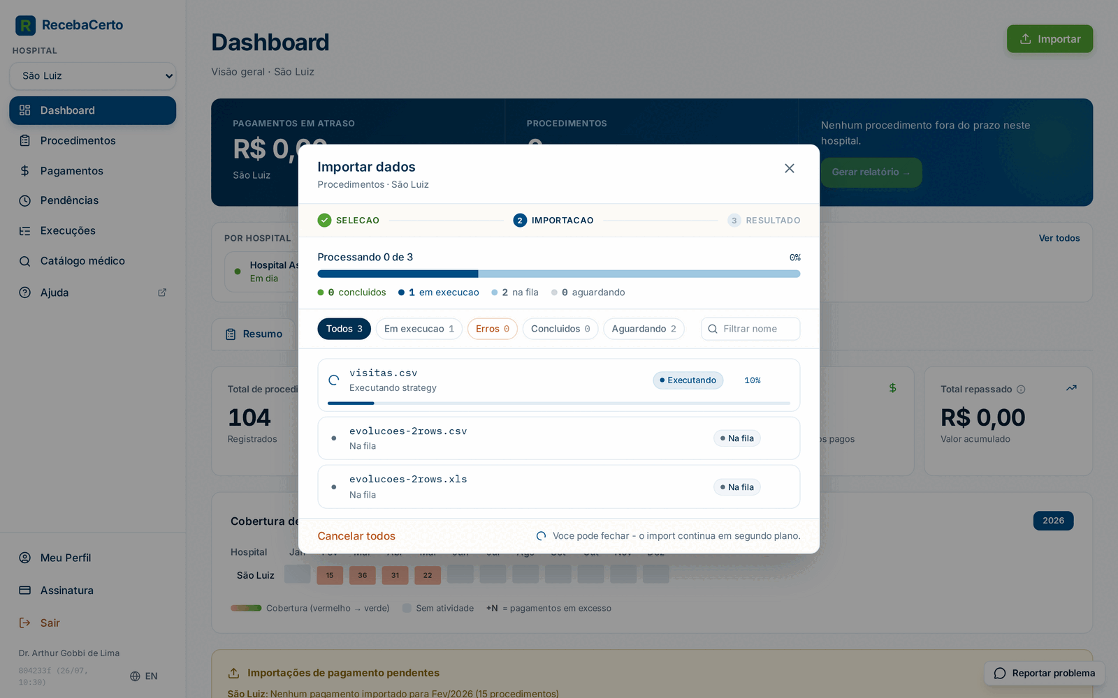 Importação em lote com vários arquivos em progresso