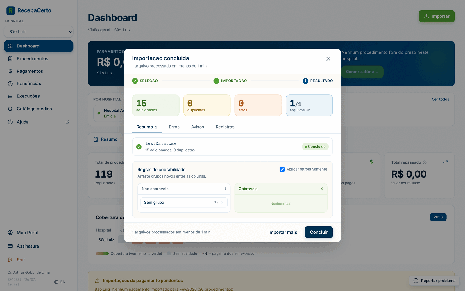 Resultado de uma importação de procedimentos com contadores