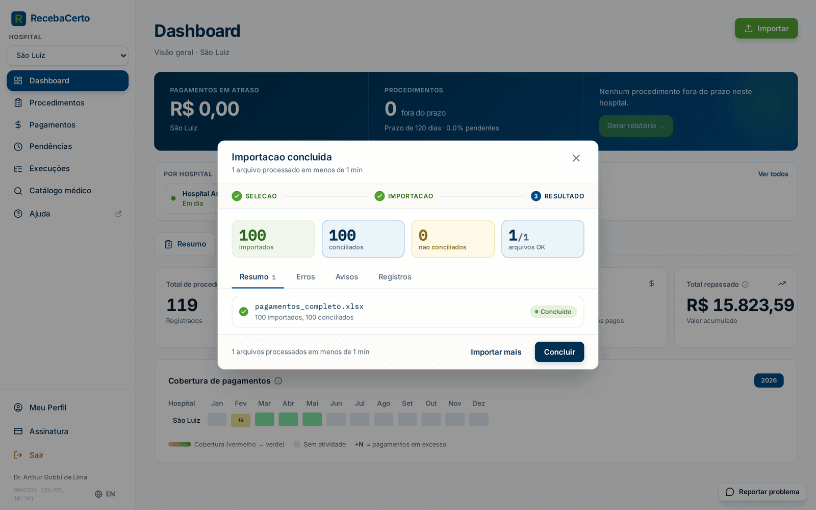 Resultado de uma importação de pagamentos com o total de conciliados