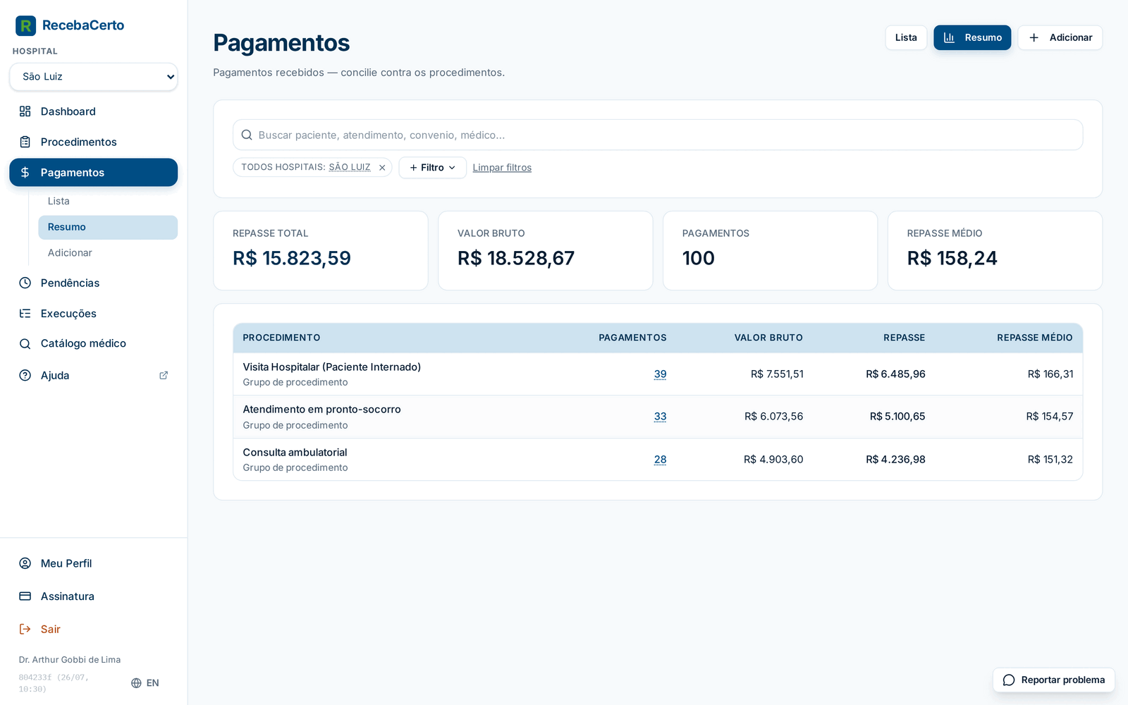 Aba Resumo de Pagamentos com cartões e tabela por grupo de procedimento