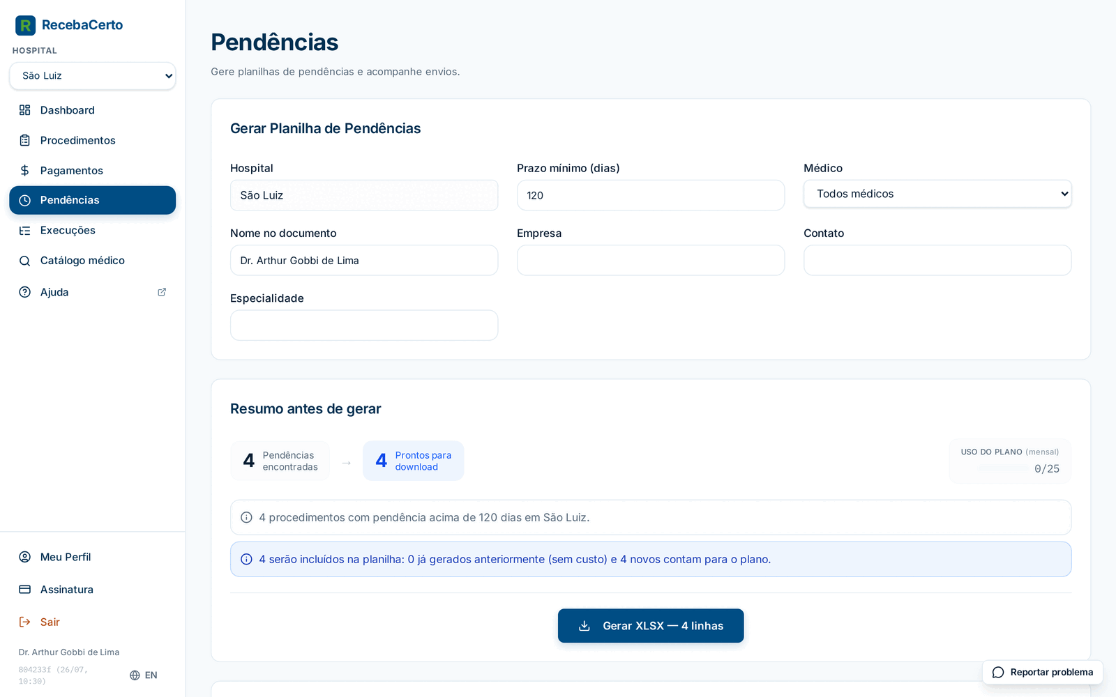 Tela Pendências com o formulário Gerar Planilha, o Resumo antes de gerar e o Uso do plano