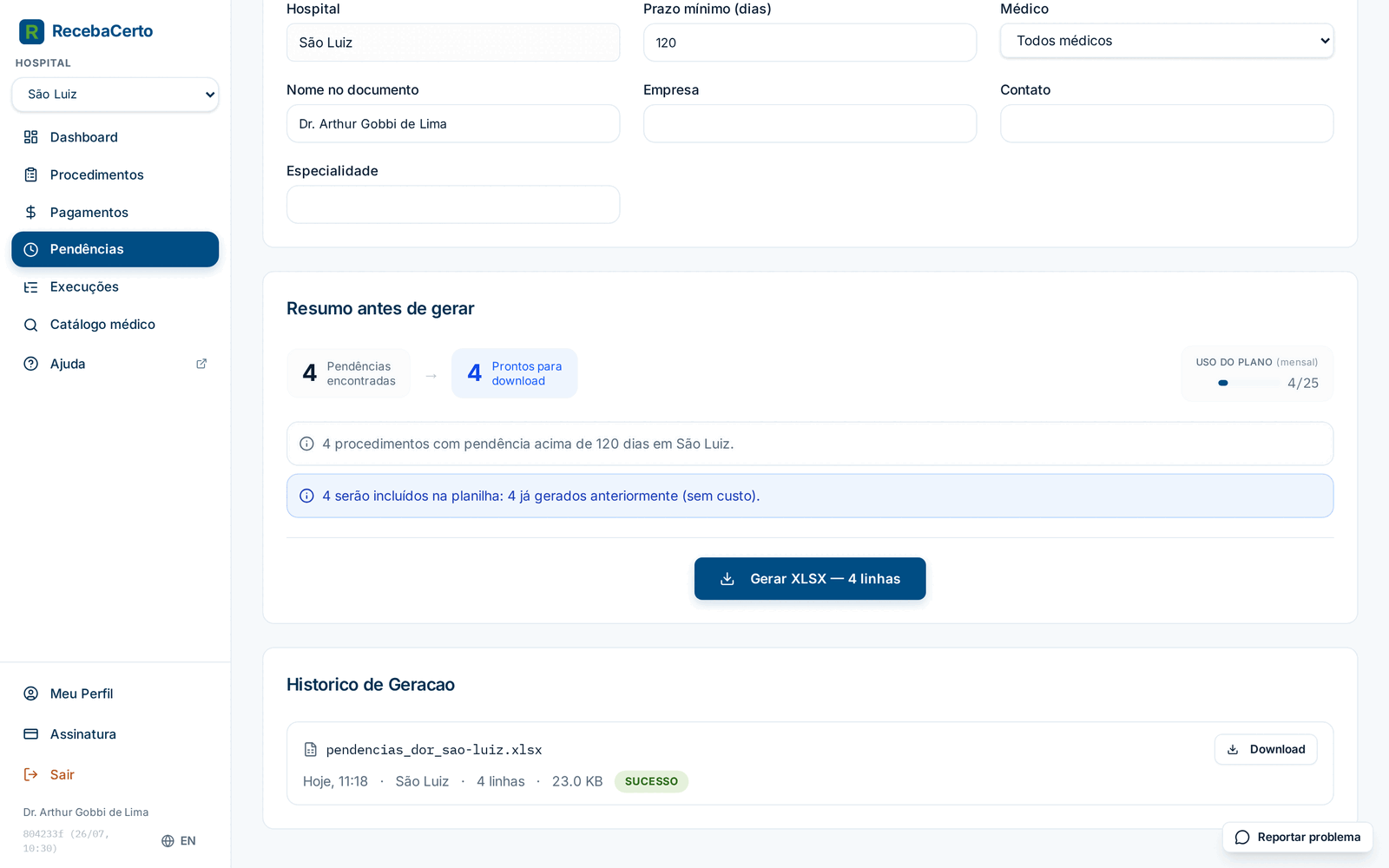 Histórico de Geração com um arquivo de pendências disponível