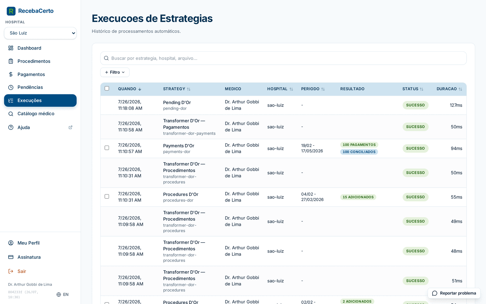 Tela Execuções com o histórico de importações processadas