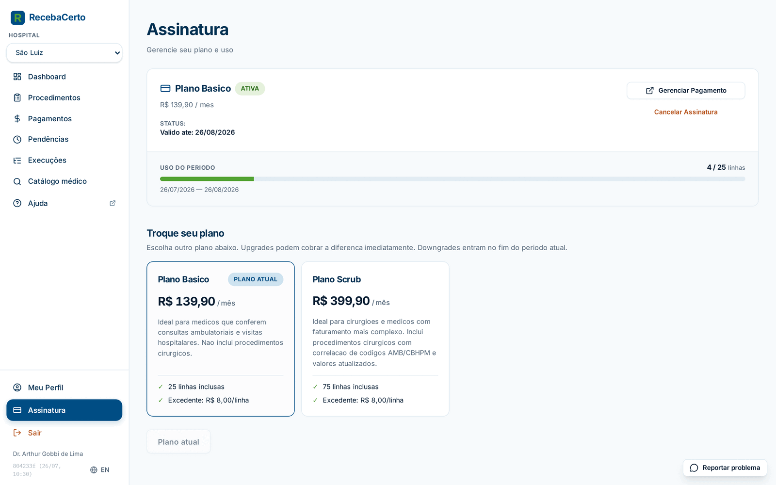 Tela Assinatura com o medidor Uso do Período e os planos disponíveis